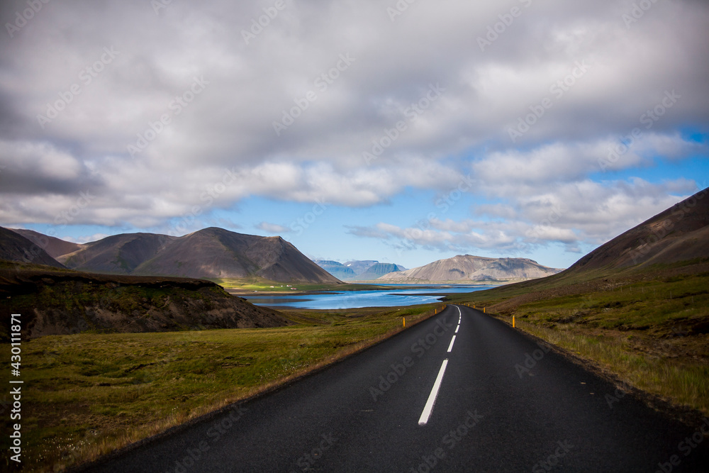 Summer landscape and road in Southern Iceland, Europe Summer landscape and road in Southern Iceland, Europe