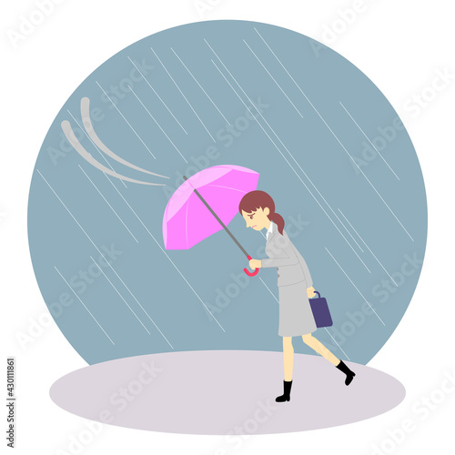 暴風雨に耐えるオフィスワーカー（女性）／Office worker (female) who can withstand storms