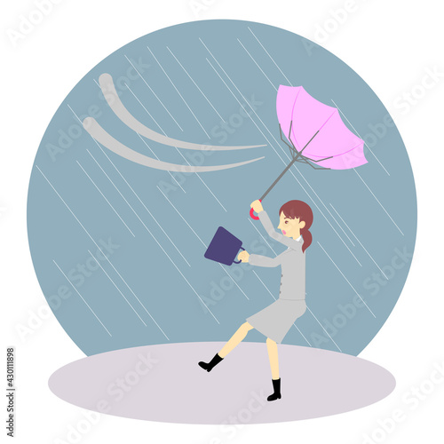 風に飛ばされそうなオフィスワーカー（女性）／Office worker (female) who is likely to be blown by the wind