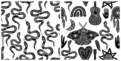 Seamless celestial pattern set, black-white boho symbols seamless pattern. Silhouettes of rainbow, guitar, moth, hand, snake, feather, dream catcher, moon, sun. Vector illustration in linocut style