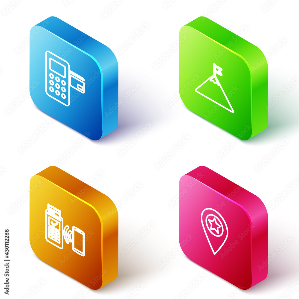 Set Isometric line Pos terminal, Mountains and flag, POS and Location with star icon. Vector Set Isometric line Pos terminal, Mountains and flag, POS and Location with star icon. Vector