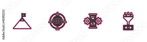 Set line Mountains and flag, Hourglass gear, Outsourcing concept and Lead management icon. Vector