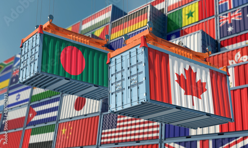 Freight containers with Bangladesh and Canada national flags. 3D Rendering 