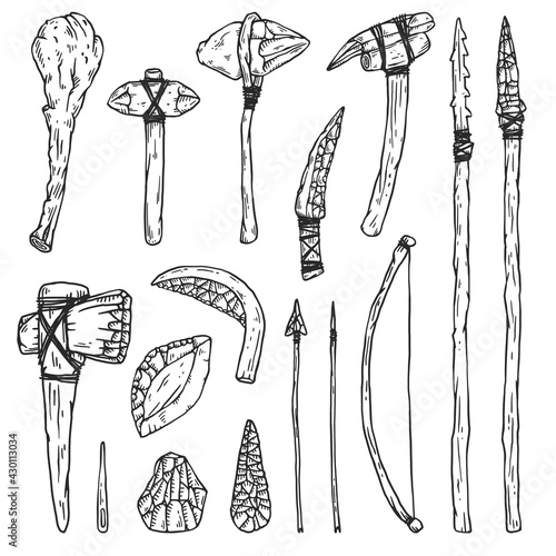 Prehistoric stone age tools and weapon set, sketch vector illustration isolated.