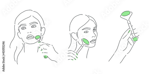 Beautiful woman with jade massage roller. Vector line art