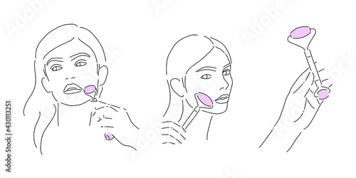Beautiful woman with jade massage roller. Vector line art
