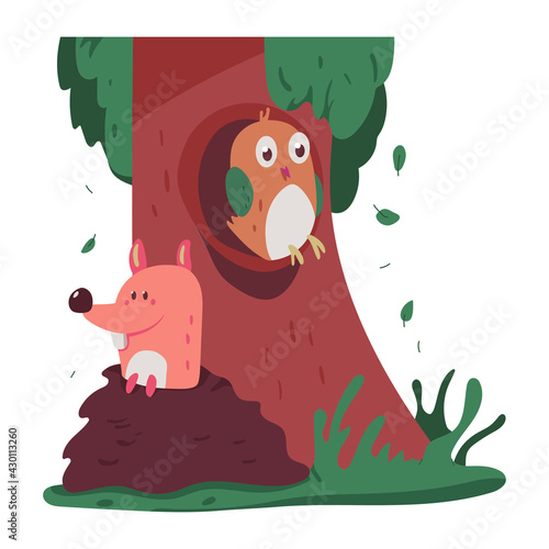 Owl in tree hollow vector cartoon illustration isolated on a white background.