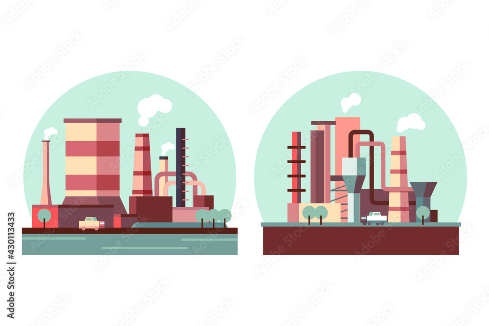 Factory vector cartoon icons set isolated on a white background.