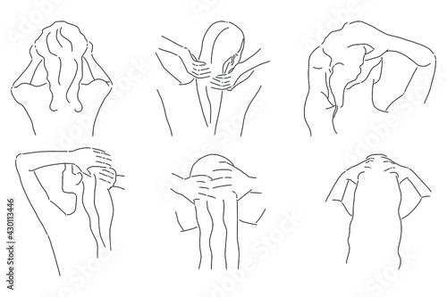 Hair washing. Shampoo. Conditioner. Shower. Beautiful women taking shower. Aesthetic line art. Set of six simple line art