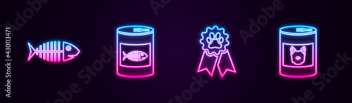 Set line Fish skeleton, Canned food for cat, Pet award symbol and dog. Glowing neon icon. Vector