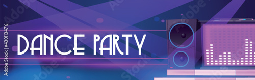 Dance party flyer. Poster of night club event with dj music and discotheque. Vector cartoon illustration of dj console with sound speaker and pink neon light