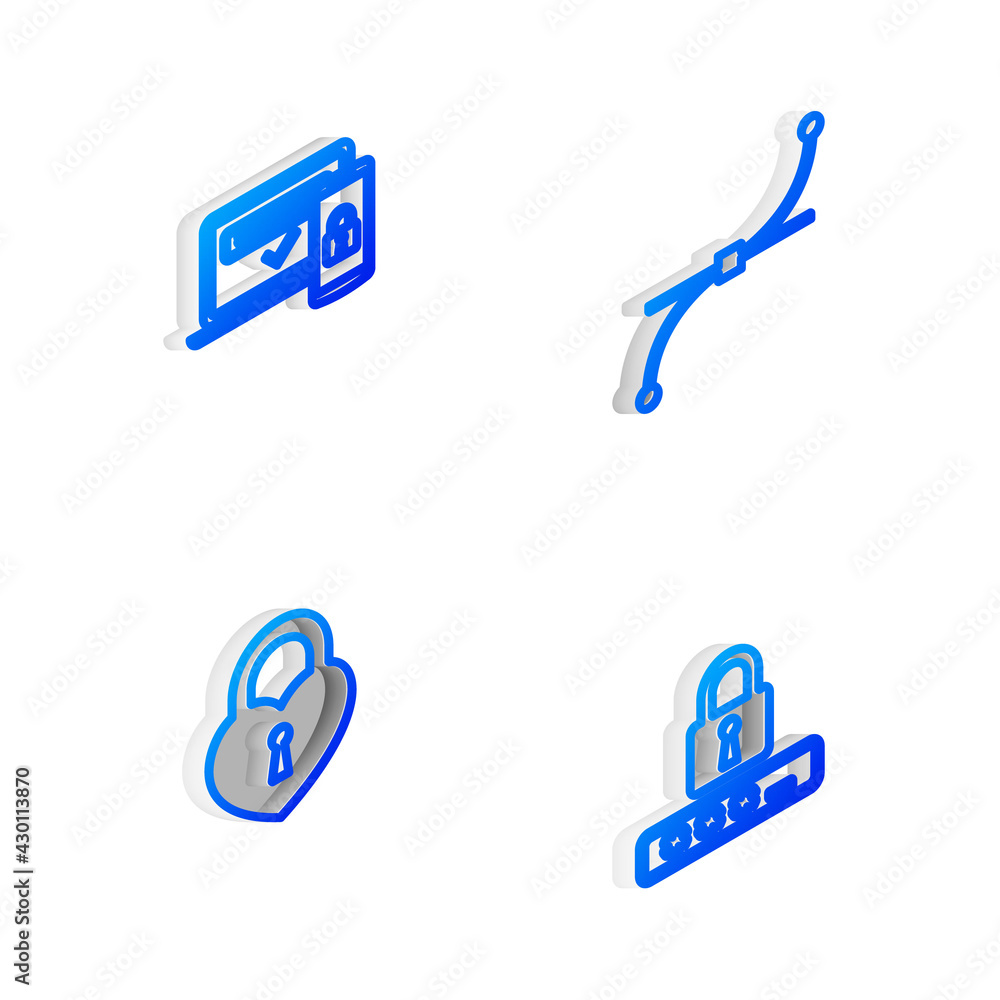 Set Isometric line Bezier curve, Two steps authentication, Castle in shape of heart and Password protection icon. Vector Set Isometric line Bezier curve, Two steps authentication, Castle in shape of heart and Password protection icon. Vector