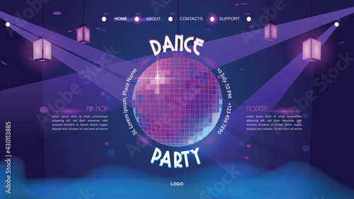 Dance party cartoon landing page with glowing disco ball on purple neon glowing background. Invitation to night club event, recreational music show with hip hop modern compositions, Vector web banner