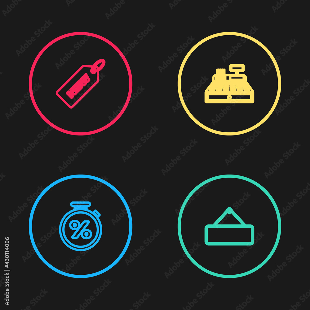 Set line Stopwatch and percent, Signboard hanging, Cash register machine and Price tag with New icon. Vector Set line Stopwatch and percent, Signboard hanging, Cash register machine and Price tag with New icon. Vector