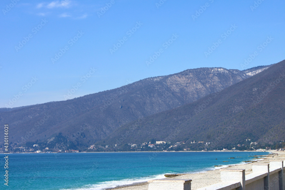 View from the embankment to the sea and mountains. Gagra, Abkhazia