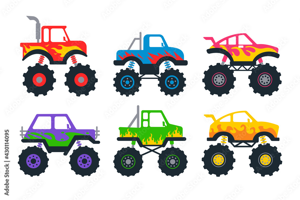 Set of monster trucks. Vector pickup truck with big wheels Cartoon car design ideas for boys.