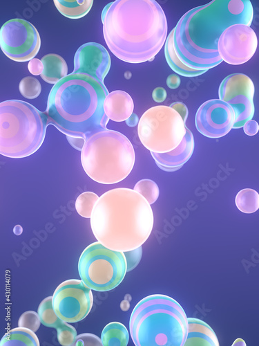 Trendy holographic floating liquid blobs. 3d rendering fluid creative composition. Depth of field. Digital illustration