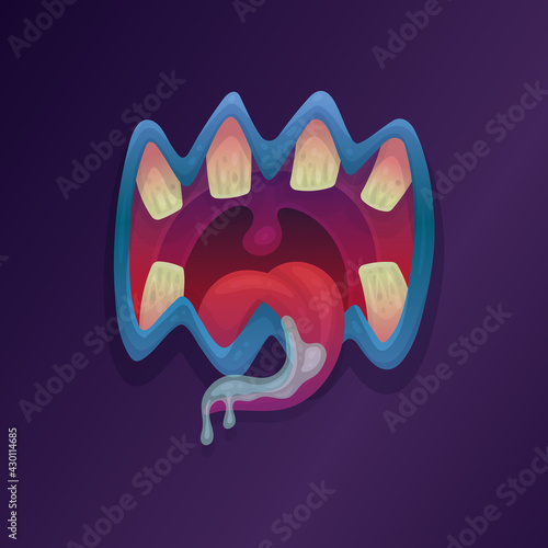 Open mouth of terrible evil monster with teeth and tongue a vector illustration.