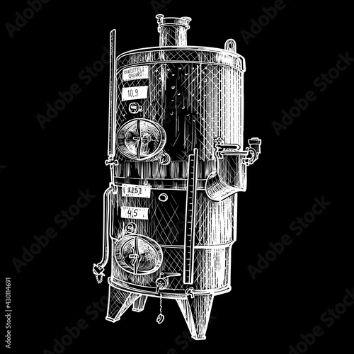 Stainless steel tank for wine storage and blending. Black line drawing isolated on white background