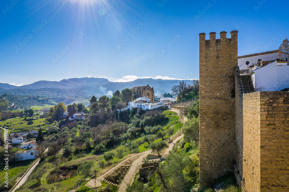 View on the countryside from the fortification of Ronda old town in Andalusia, Spain