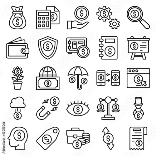 finance icon collection set with simple lines and modern style for use as web and application sign, editable stroke pictogram, financial, bank, investment