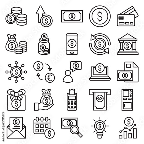 Finance icon collection set with simple lines and modern style for use as web and application sign, editable stroke pictogram, financial, bank, investment