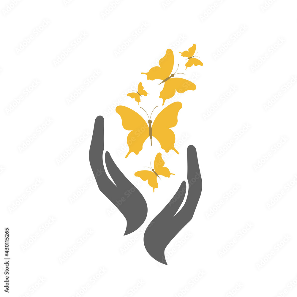 Fototapeta premium Hands and butterflies isolated on white background