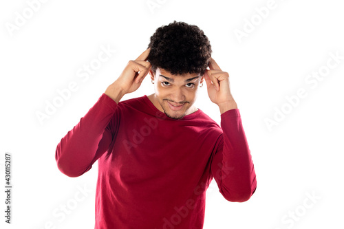 Cute african american man with afro hairstyle wearing a burgundy T-shirt