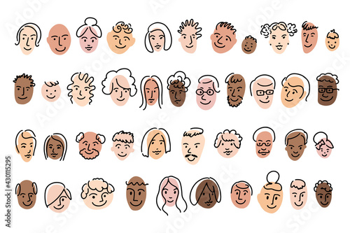 Abstract icon simple doodle avatar set. Woman, man, boy, girl, teenager face portrait, grandmother grandfather old, young man, hairstyle, african, asian, european, american. Vector illustration. photo