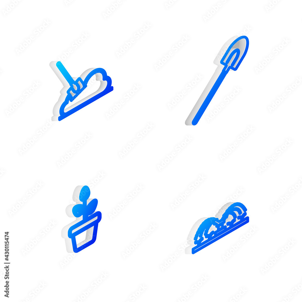 Set Isometric line Garden shovel, Shovel in the ground, Flowers pot and Automatic irrigation sprinklers icon. Vector Set Isometric line Garden shovel, Shovel in the ground, Flowers pot and Automatic irrigation sprinklers icon. Vector
