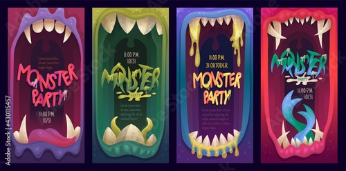 Posters for monster party with terrible mouths with tongues and sharp teeth.
