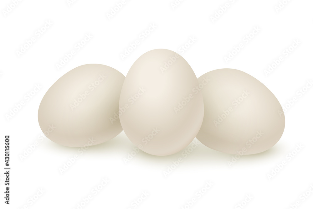 Three raw white eggs set. Organic fresh food for breakfast vector illustration. Whole eggs ready for cooking and eating, yolk and protein inside, isolated on white background Three raw white eggs set. Organic fresh food for breakfast vector illustration. Whole eggs ready for cooking and eating, yolk and protein inside, isolated on white background