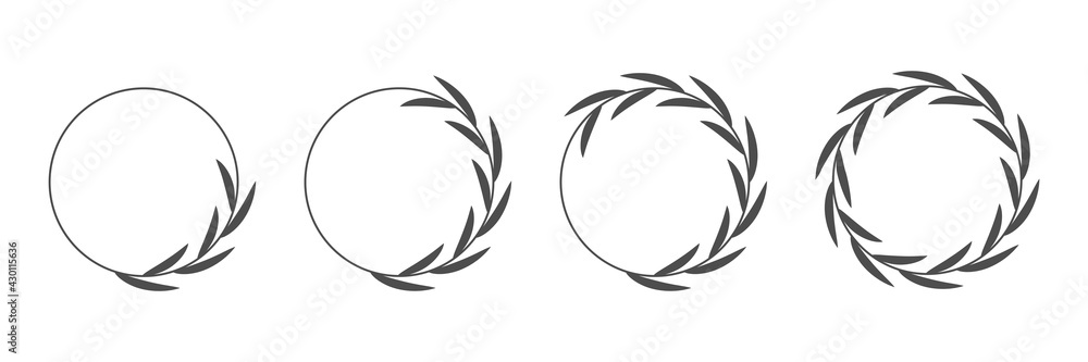 Black laurel wreath round frame set. Rings with leaves, circle award logo or emblem vector illustration. Roman circular badge for anniversary, wedding, award isolated on white background