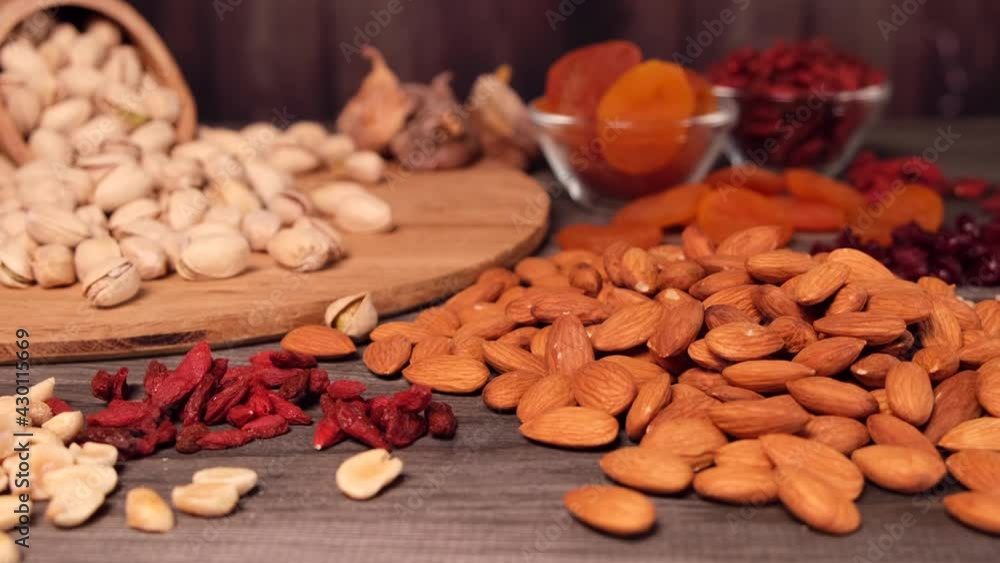 dried fruits and nuts dried apricots, pistachios, goji, almonds and ginger close-up on a wooden background dried fruits and nuts dried apricots, pistachios, goji, almonds and ginger close-up on a wooden background