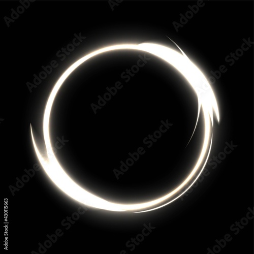 White circle with stars and light on black background. Round electric frame with sparkles. Geometric fashion design vector illustration. Empty minimal ring, abstract art decoration