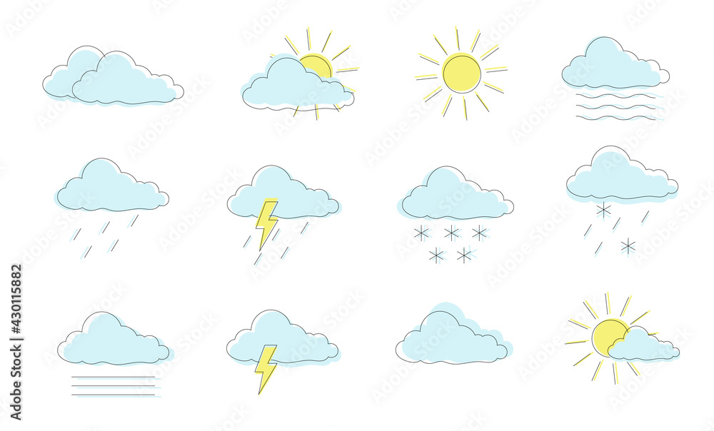 Weather icons set isolated on a white background. Collection of meteorological icons. Sun, clouds, rain, snow. vector illustration. Weather icons set isolated on a white background. Collection of meteorological icons. Sun, clouds, rain, snow. vector illustration.
