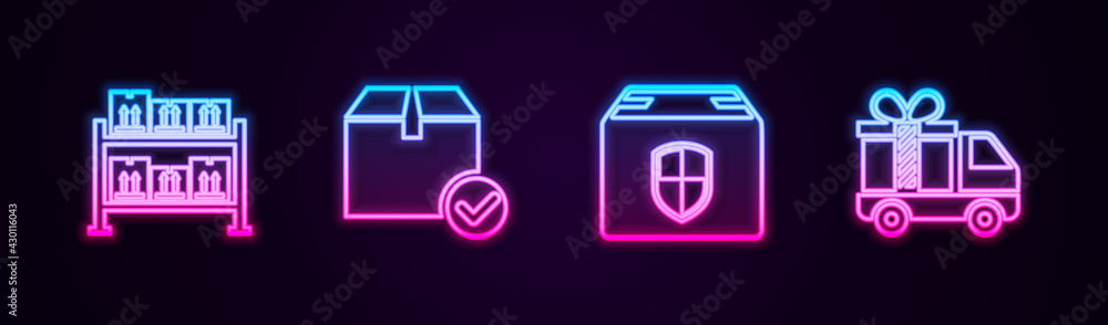 Set line Warehouse, Package box with check mark, Delivery security shield and truck gift. Glowing neon icon. Vector Set line Warehouse, Package box with check mark, Delivery security shield and truck gift. Glowing neon icon. Vector