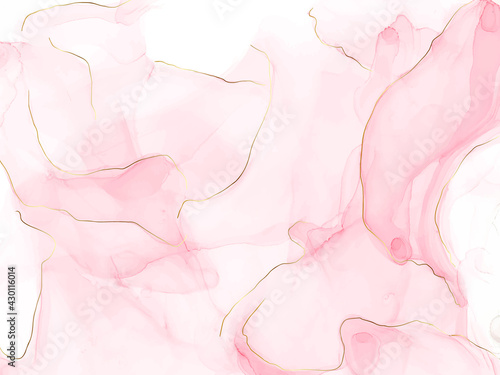 Pink watercolor fluid painting vector design card. Dusty rose and golden marble geode frame. Spring wedding invitation. Pink alcohol ink. Dye splash style. Vector