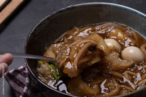 Braised Fish Maw in Red Gravy with eggs, mushroom ingredients, Chinese style soup