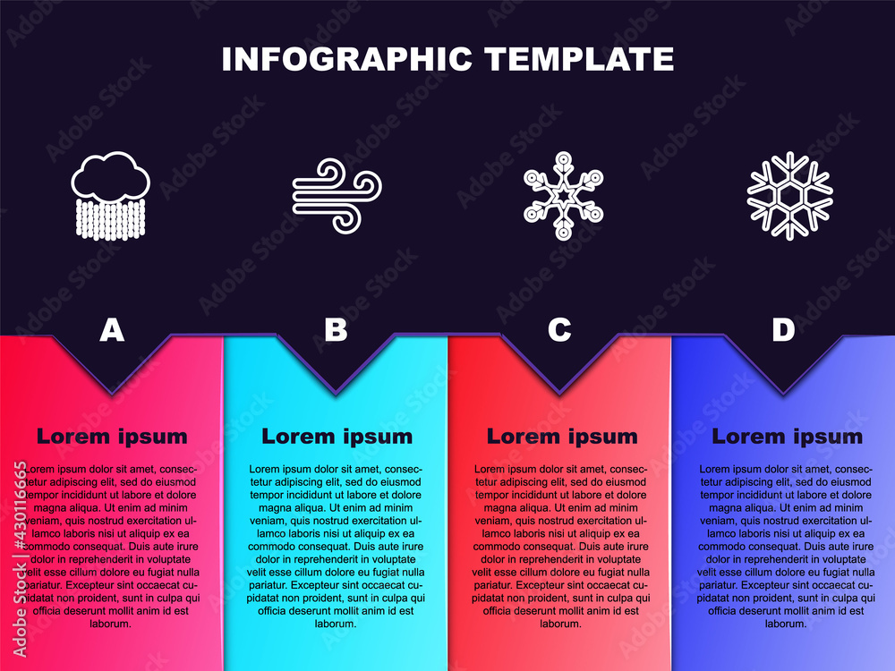 Set line Cloud with rain, Wind, Snowflake and . Business infographic template. Vector