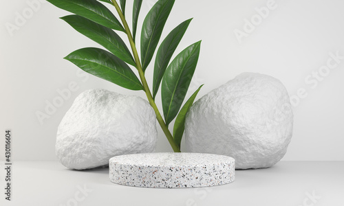 Minimal White Marble Platform For Presentation Product With Plant And Rock Stone Background 3d Render photo