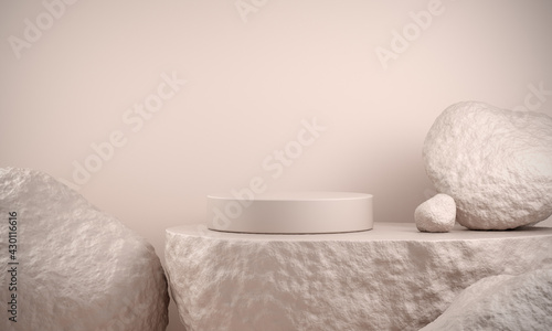 Fototapeta Naklejka Na Ścianę i Meble -  Modern Minimal Empty Display For Show Product With Rock Stone Beige Color Abstract Background 3d Render