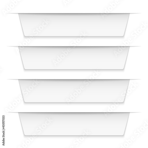 Tabbed labels white. Infographic banners leaflet template, blank infographics ribbon tags. Empty badge with shadow, paper square stickers business report. Vector realistic isolated set