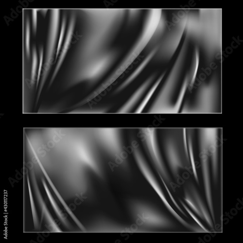 Texture plastic. Plastic wrap transparent for food container, vacuum bag. Polythene wrinkled cover, cellophane surface. Empty packaging vector realistic isolated on black illustration