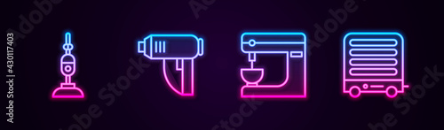Set line Vacuum cleaner, Electric industrial dryer, mixer and heater. Glowing neon icon. Vector
