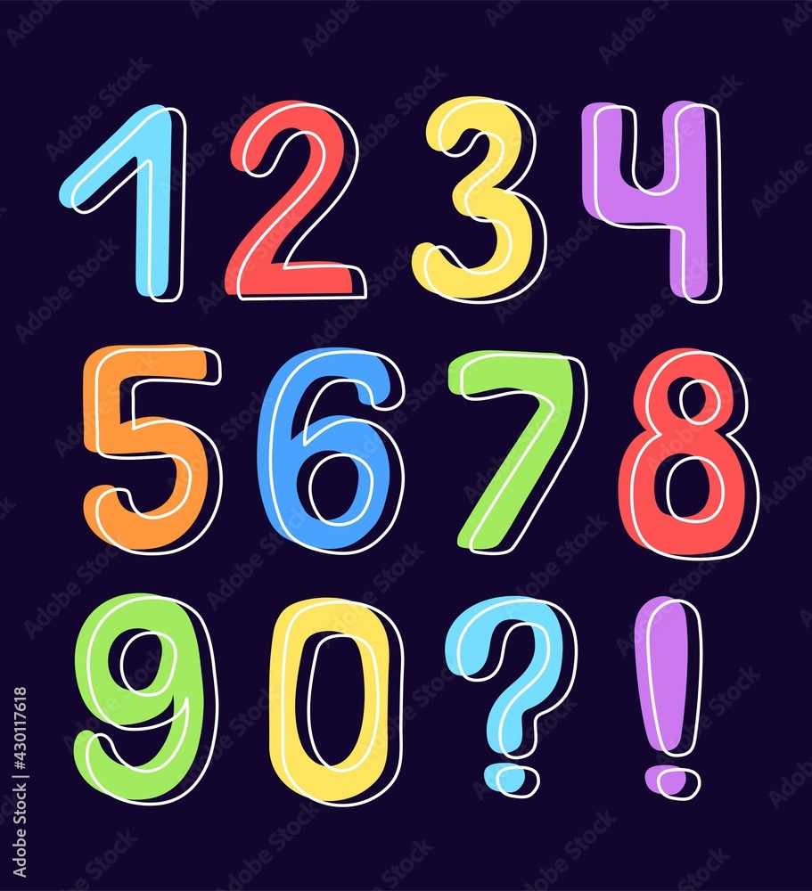 Multi-colored numbers from zero to nine on a dark background. Design of the classroom, children's room, study room. Flat cartoon vector illustration.