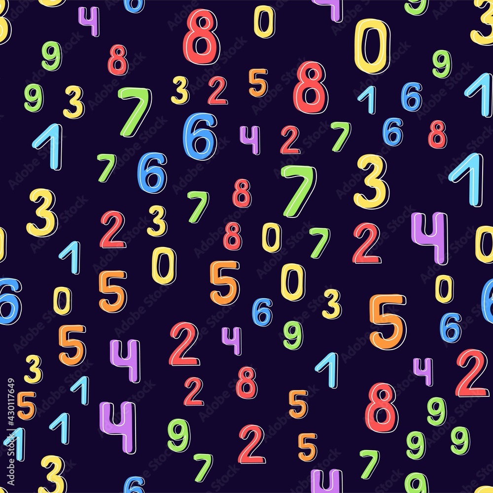 Multi-colored numbers from zero to nine on a dark background. Design of the classroom, children's room, study room. Flat cartoon vector illustration. Multi-colored numbers from zero to nine on a dark background. Design of the classroom, children's room, study room. Flat cartoon vector illustration.