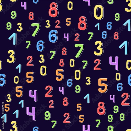 Multi-colored numbers from zero to nine on a dark background. Design of the classroom, children's room, study room. Flat cartoon vector illustration.