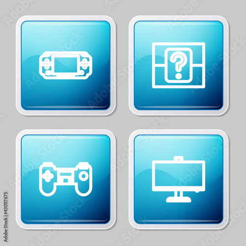 Set line Portable video game console, Mystery random box, Gamepad and Computer monitor icon. Vector