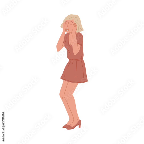 Woman with hands to cheeks as a sign of surprise, flat vector illustration.